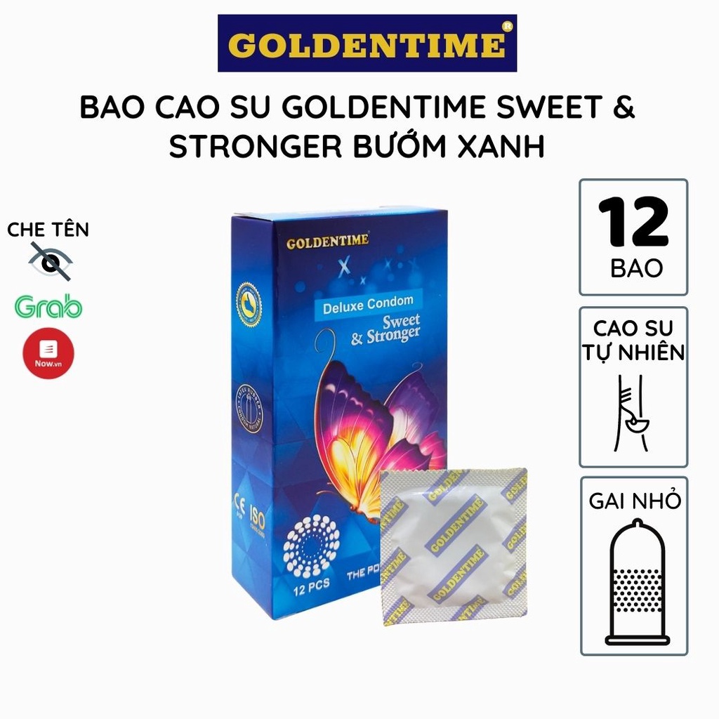 Bao cao su Goldentime Sweet &amp; Stronger gai bướm xanh hộp 12 chiếc tăng khoái cảm chống tuột kéo dài thời gian