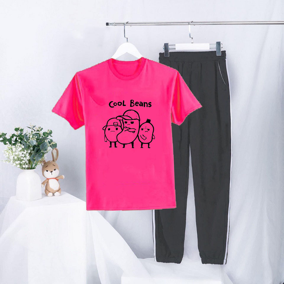 Sét Bộ Đồ Quần Áo Thời Trang Nữ Ngắn Tay Mùa Hè Siêu Xinh Cute Mặc Đi Chơi Dạo Phố, Áo Hồng Cánh Sen Cotton In Cool Bean Kèm Quần Thun Sọc Bo Gấu Phong cách