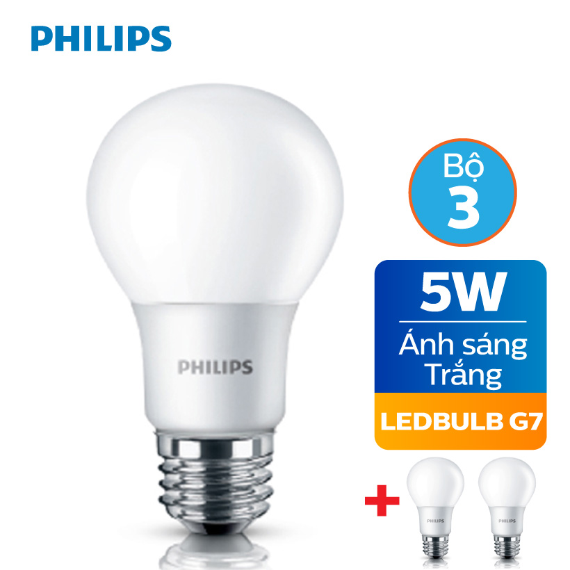 Bộ 3 bóng đèn philips led cao cấp siêu sáng tiết kiệm điện gen7 5w e27 a60 - ánh sáng trắng/ ánh sáng vàng