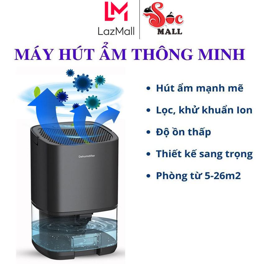 Máy hút ẩm gia đình, Máy hút ẩm phòng ngủ, máy hút ẩm mini chống ẩm phòng  có diện tích dưới 26m2, dung tích chứa 1L, công suất 45W, có đèn LED sáng. Bảo hành 6  tháng