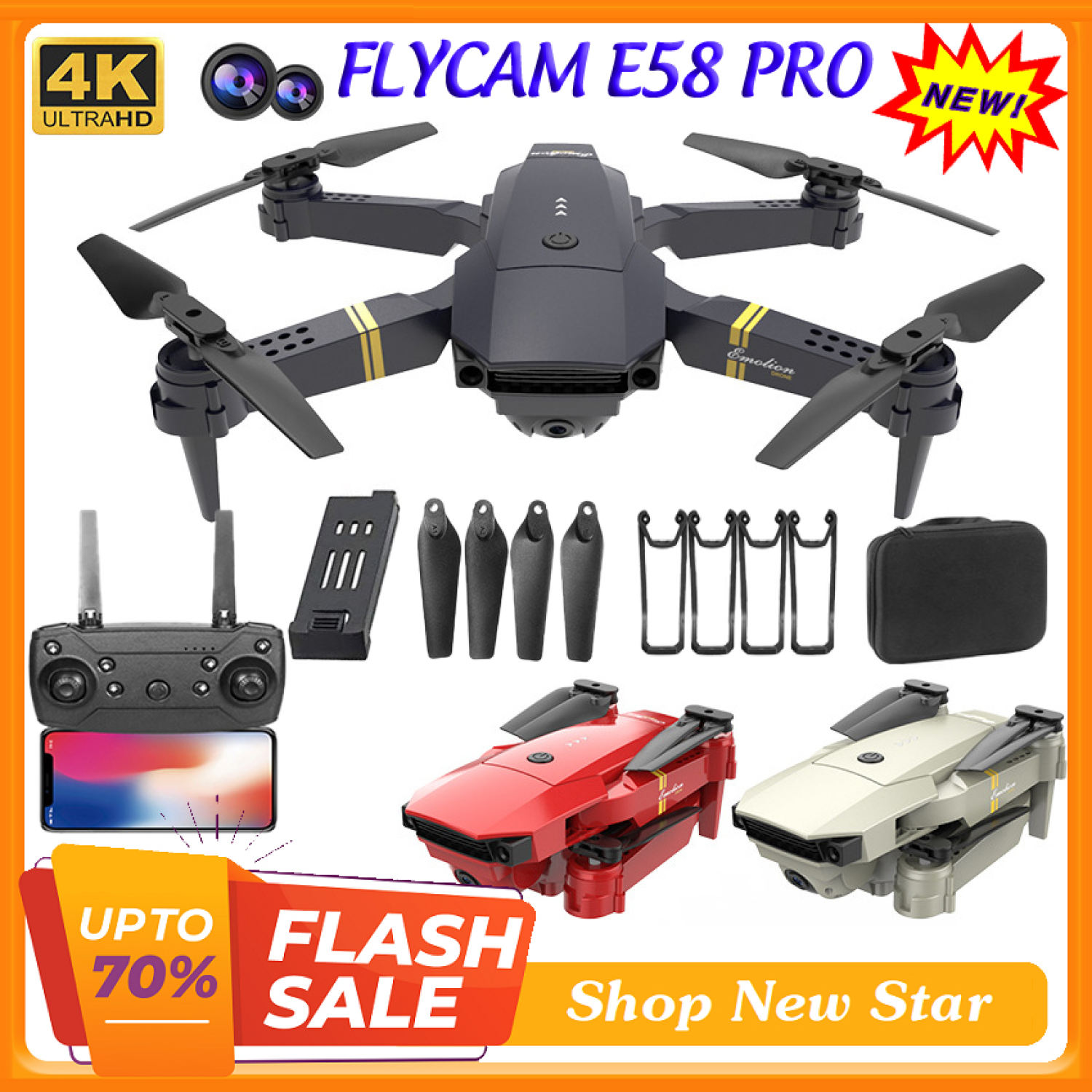 Flycam mini, Flycam 4K, play camera, máy bay flycam 4k, flycam có camera, drone flycam E58 Pro giá rẻ hơn flycam điều khiển từ xa L900Pro, F11 Pro 4K, S167, L106, SG 108 Pro, E99 Max, Mavic 2 pro…