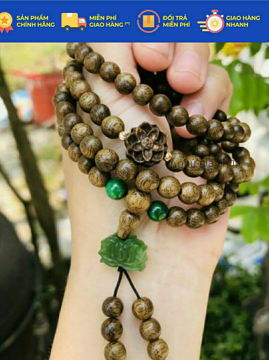 Vòng tay trầm hương 108 hạt tốc rừng mix hoa sen đá ngọc bích tự nhiên+hương thơm vĩnh viễn