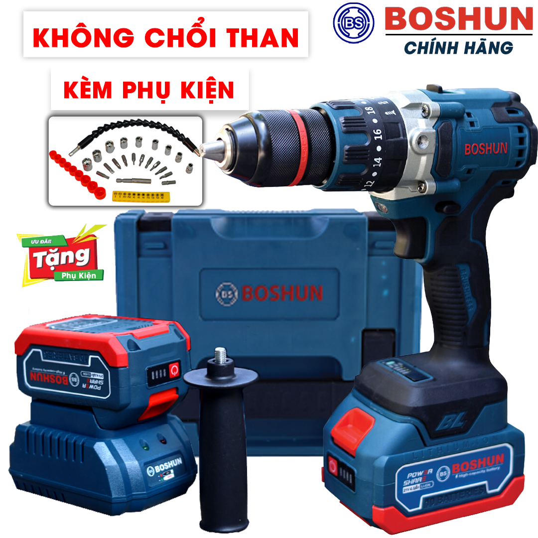 [KHÔNG CHỔI THAN] Máy Khoan Pin BOSHUN BS-ID1390BL Chính Hãng - Pin Chuẩn 10 Cell - 3 Chức Năng - Có Búa - Lõi Đồng - Không Chổi Than - Máy Bắt Vít , Khoan Tường , Gỗ , Sắt , Kim Loại,...