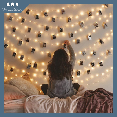 Combo 20 kẹp gỗ treo ảnh+dây đèn led 5 mét 50 bóng trang trí
