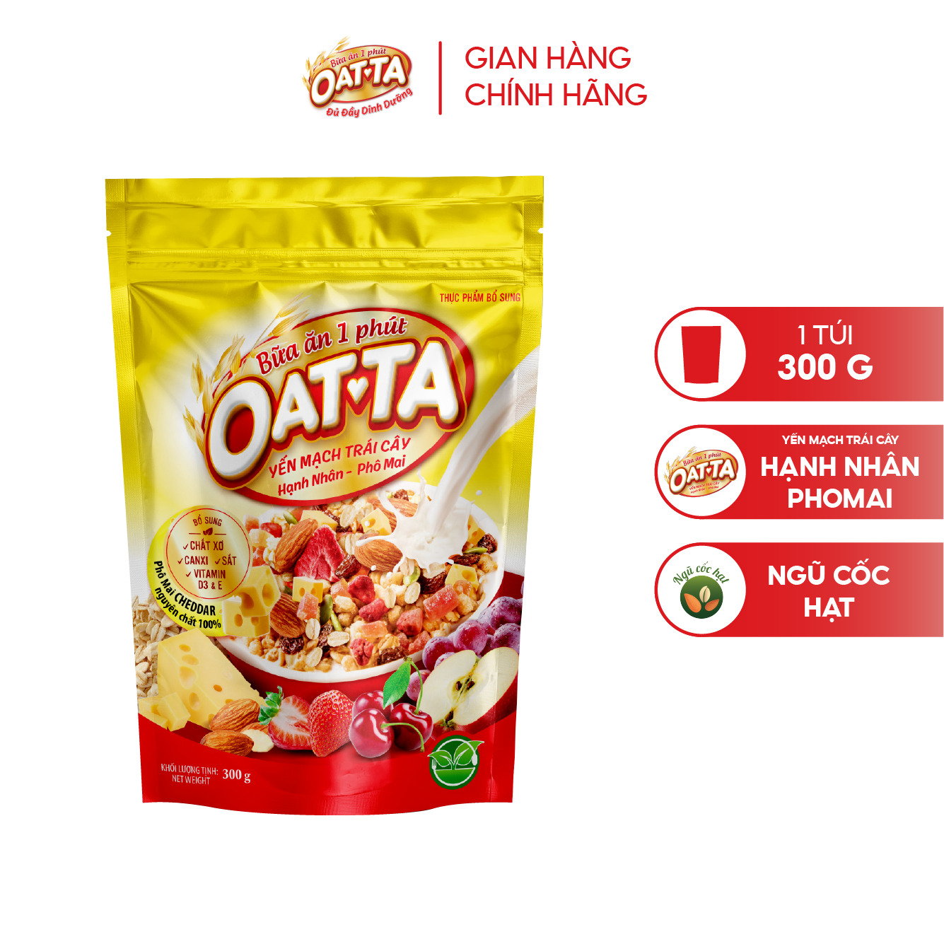 Yến Mạch Trái Cây Hạnh Nhân Phô Mai OATTA Túi 300g Thơm Béo Ăn Liền