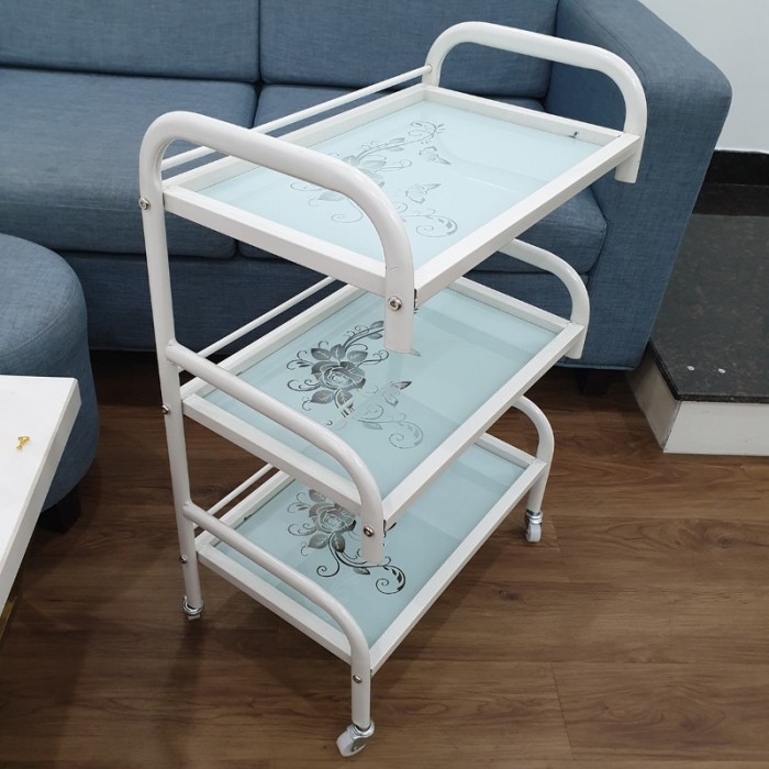 Xe đẩy dụng cụ Spa 3 tầng mặt kính - Xe đẩy Spa 3 tầng mặt kính hoa văn có khay - Xe đẩy dụng cụ spa 3 tầng mặt kính - màu trắng