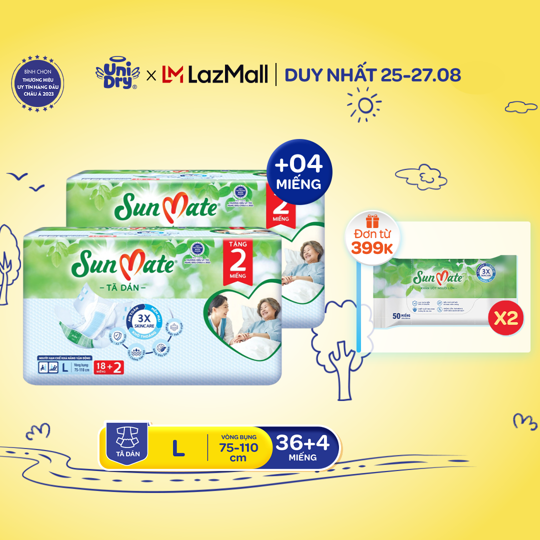Combo 2 tã dán người lớn sunmate mới m18/l18/xl18 +2 miếng