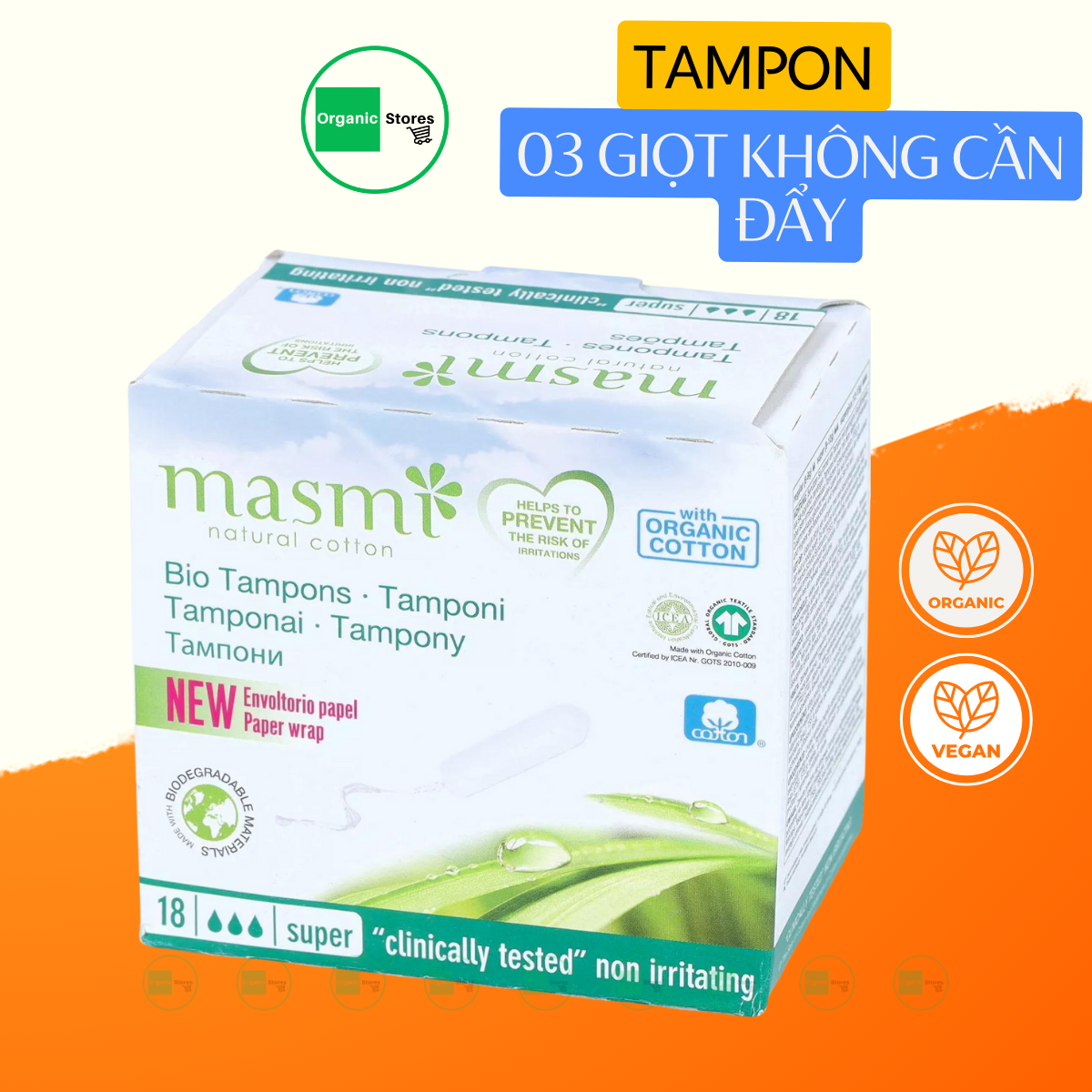 Tampon không cần đẩy 3 giọt hữu cơ - Masmi