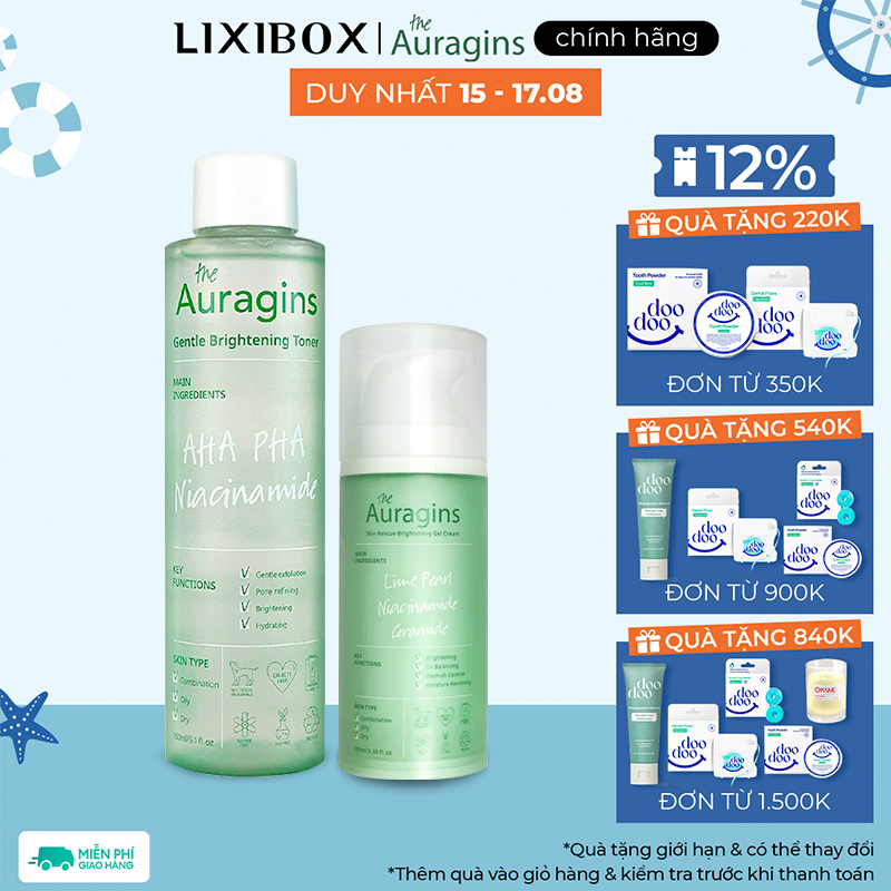 [15-17.08 - VOUCHER 10%] Combo Gel Dưỡng Ẩm Ngừa Mụn, Giảm Thâm The Auragins Và Nước Cân Bằng Sáng Da, Ngừa Mụn AHA PHA (Full Size)