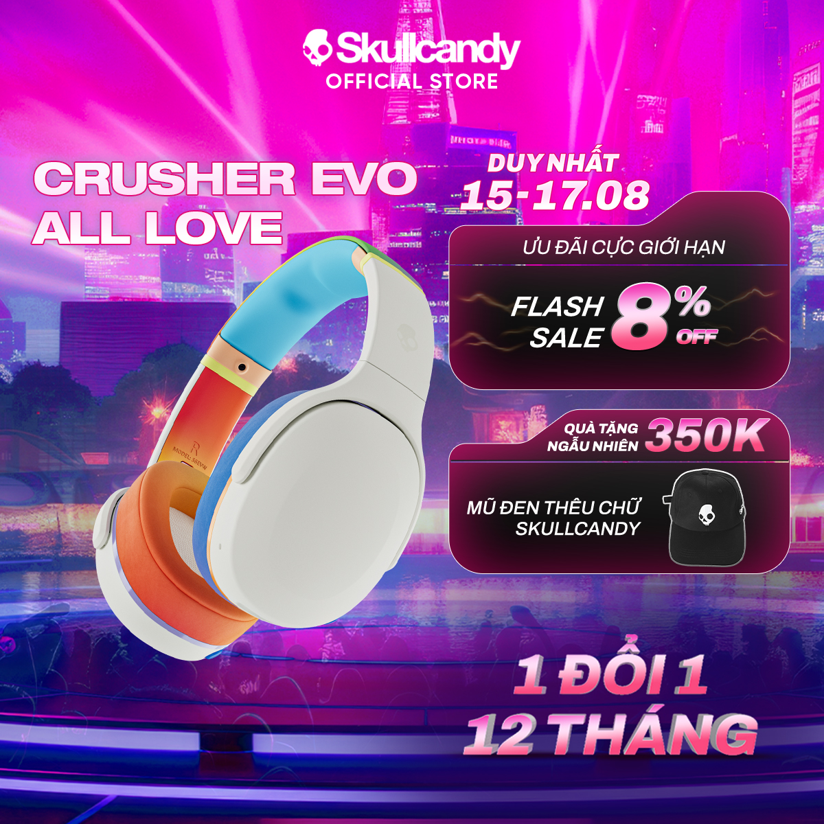 [THƯƠNG HIỆU MỸ] Tai nghe chụp tai bluetooth, bass rung, pin 40H , êm tai SKULLCANDY CRUSHER EVO-BẢO HÀNH 1 NĂM
