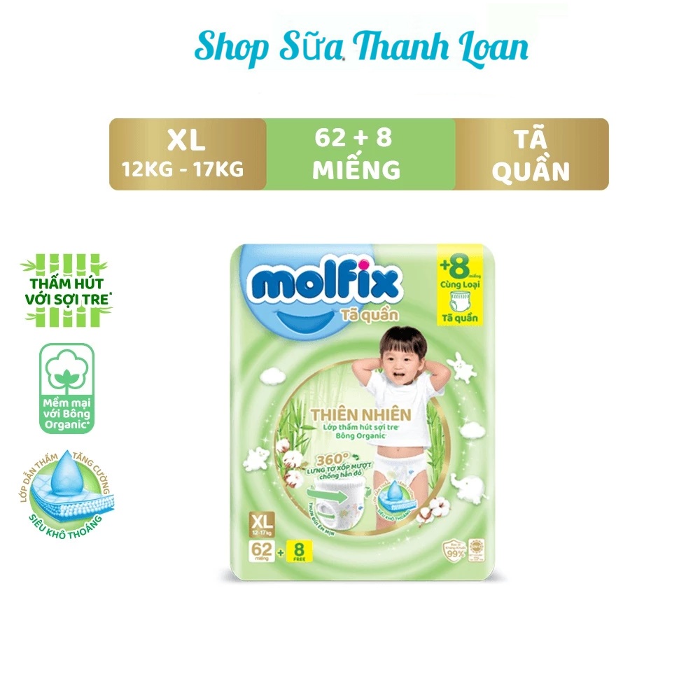 (TẶNG 8 MIẾNG) Tã/bỉm Quần Molfix Thiên Nhiên Ultra XL (12kg - 17kg) - Gói 62+8 Miếng.