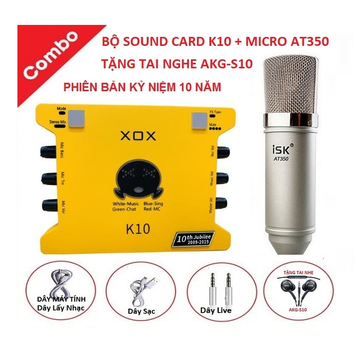 Combo Cả Bộ Thu Âm Chuyên Nghiệp, Soundcard XOX K10 2020, Micro AT350, Tặng Tai Nghe AKG-S10, Đầy Đủ dây Livestream - Chuyên Hát Livestream