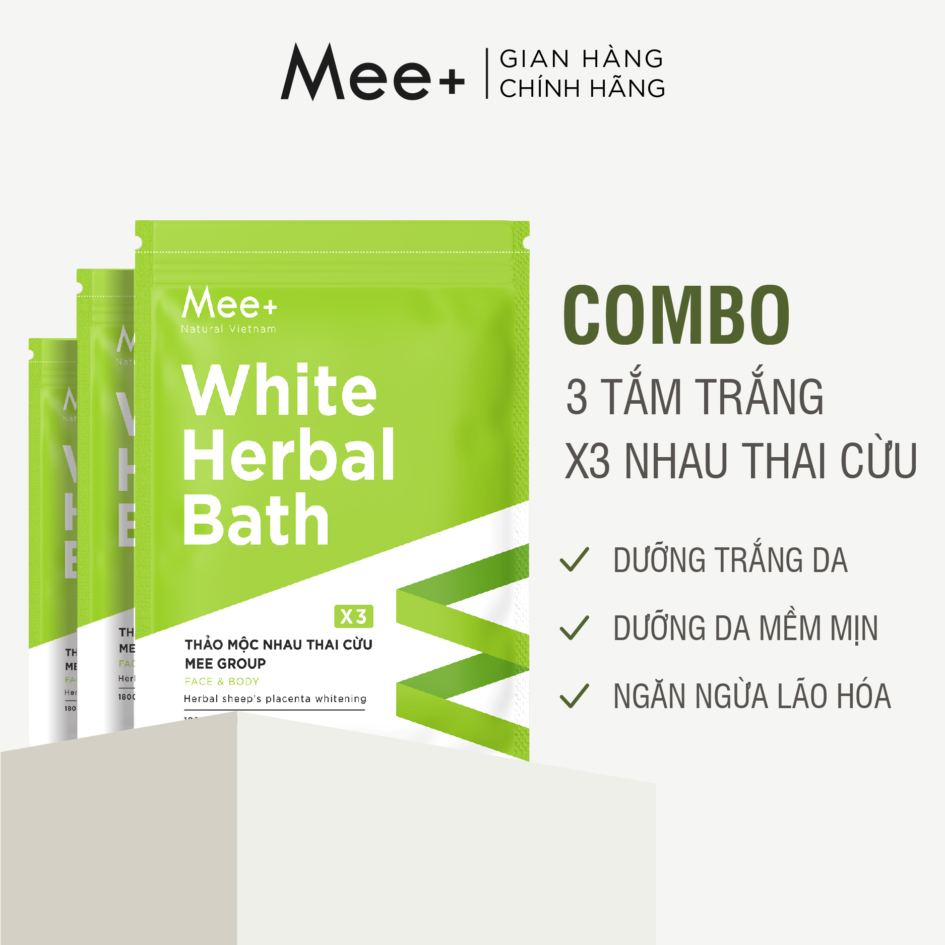 Bộ 3 sản phẩm thảo mộc tắm trắng da nhau thai cừu mee natural - tắm trắng da, dưỡng trắng thiên nhiên 180g