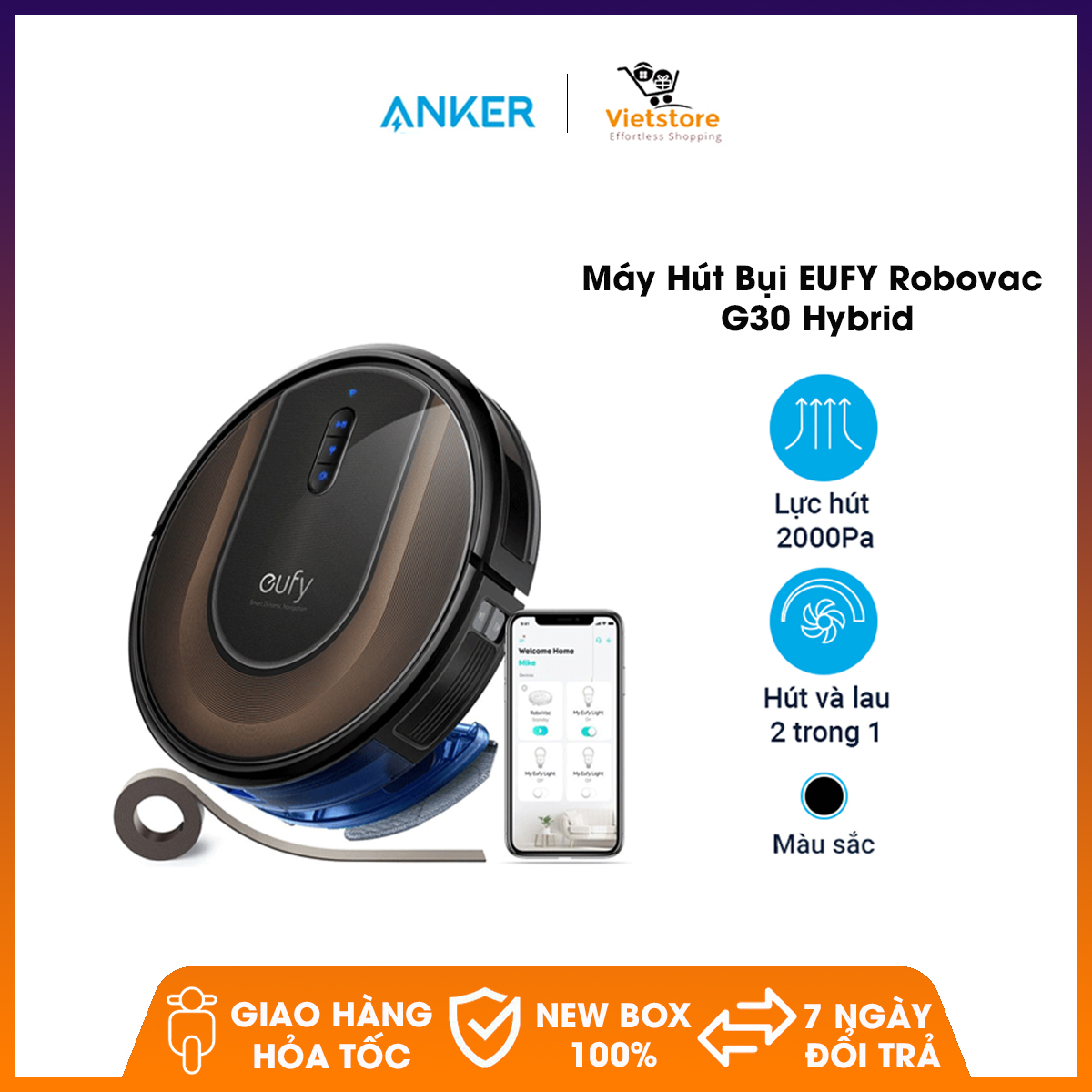 Máy Hút Bụi Eufy RoboVac G30 Hybrid (by Anker) - T2253 - Hút và lau 2 trong 1, lực hút 2000Pa, Điều hướng động thông minh 2.0, Công nghệ chống rơi, Điều khiển qua điện thoại - Phân phối bởi Vietstore