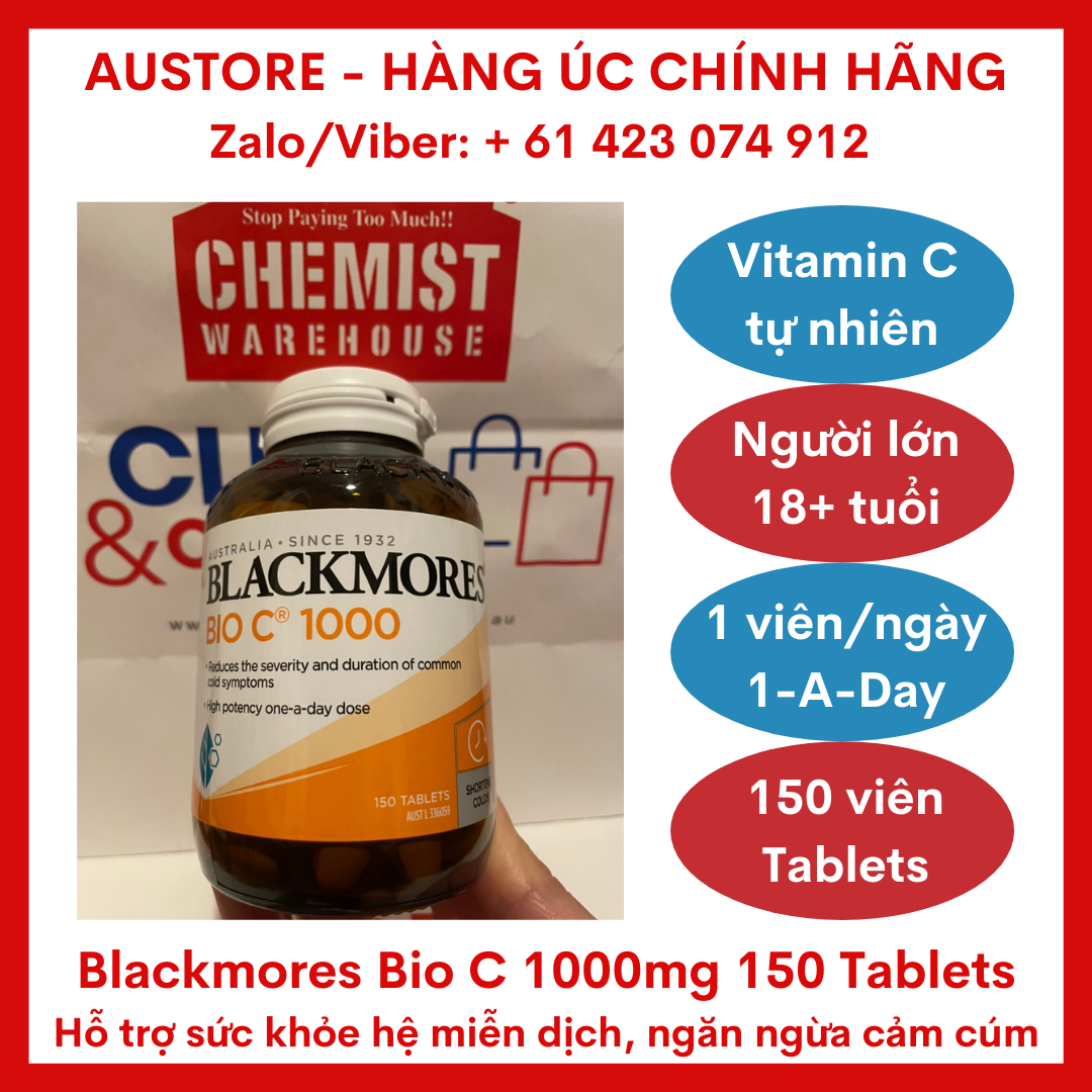 [Bill Úc, Date mới] Blackmores Bio C 1000mg 150 Tablets - Viên bổ sung vitamin C tự nhiên liều cao dạng nhai Blackmore Úc 150 viên - Giúp tăng cường sức khỏe miễn dịch, phòng chống cảm cúm, đẹp da