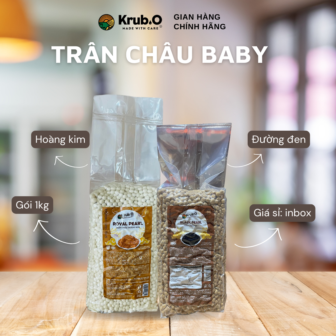 Trân Châu Baby (Trân châu mini) hiệu Krub.O gói 1kg vị đường đen và hoàng kim - Topping trà sữa, chè, món tráng miệng-Nguyên liệu nông sản thuần Việt