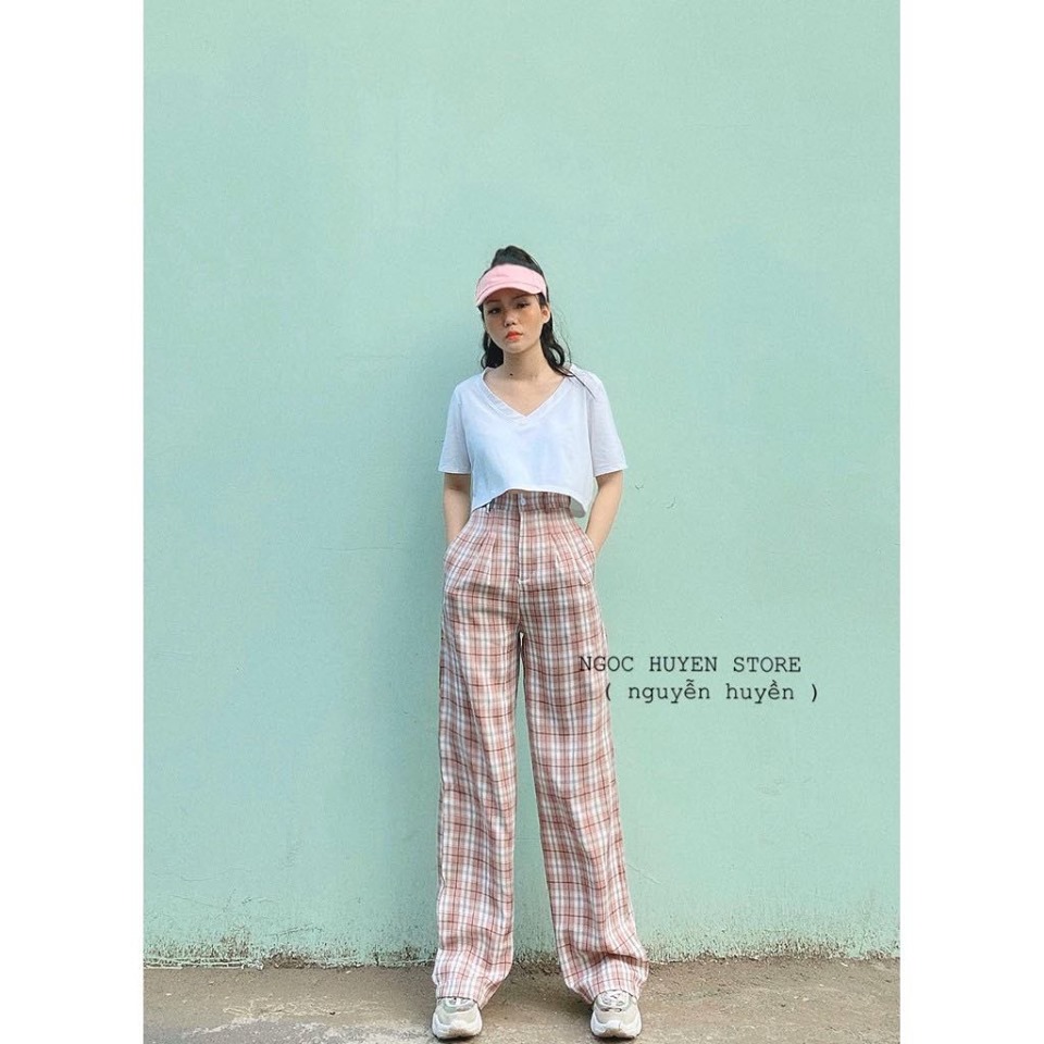 (RẺ VÔ ĐỊCH ) QUẦN ỐNG RỘNG  VẢI KẺ CARO CẠP CAO  MẦU HỒNG SIÊU XINH , THỜI TRANG 1989