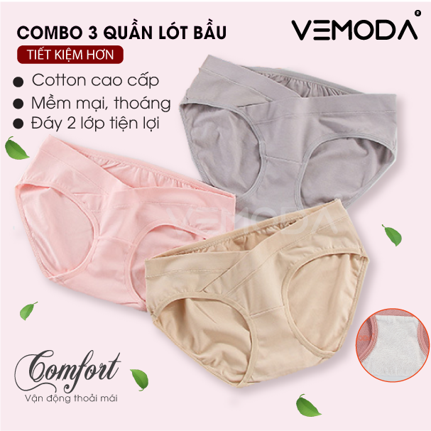 Quần lót bầu cạp chéo Vemoda cao cấp[ Combo 3 Quần] chất vải cotton dày, mềm mại, đáy 2 lớp. Bộ 3 Quần lót cho bà bầu và sau sinh