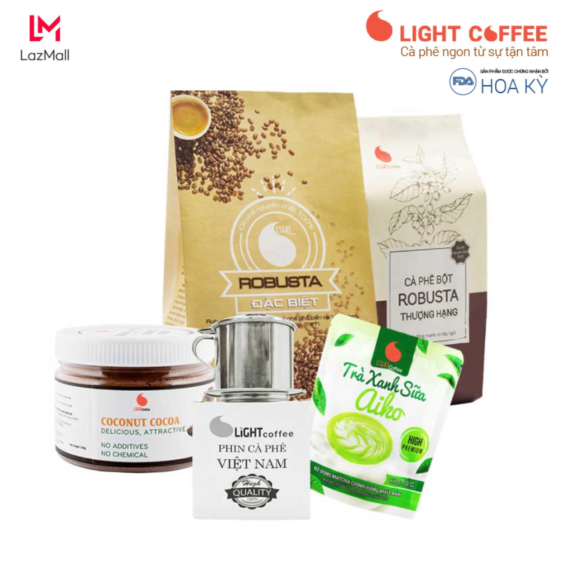 SET Làm quen 7, cà phê Đặc biệt 500g, cà phê Thượng hạng 100g, cacao sữa dừa 230g, bột trà xanh sữa Aiko 50g, phin inox cao cấp - Light Coffee