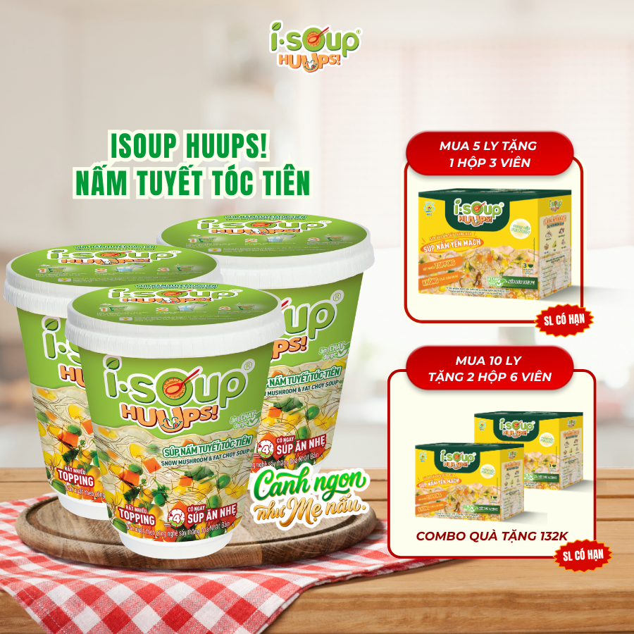 [Combo 3]Súp Nấm Tuyết Tóc Tiên Ăn Liền ISOUP HUUPS! Hũ 10G - tặng 1 Huups Yến Mạch