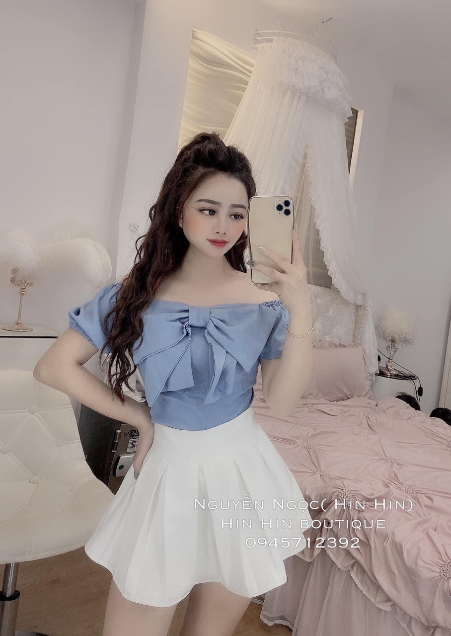 Áo voan hoa nơ bảng bự trễ vai bánh bèo TTSA0422