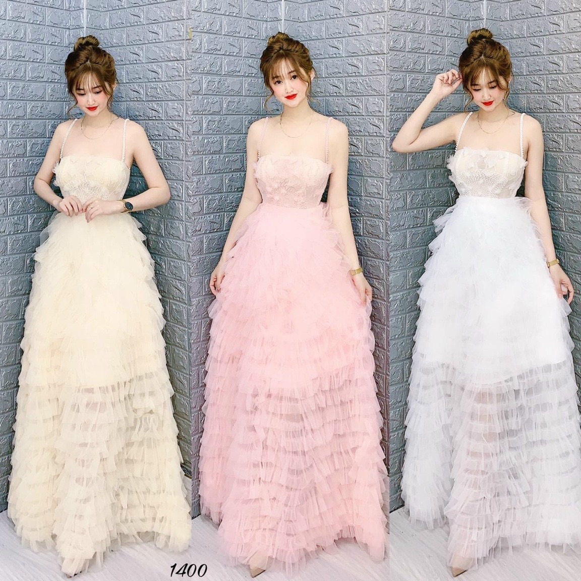 Đầm maxi tầng kết pha lê lấp lánh