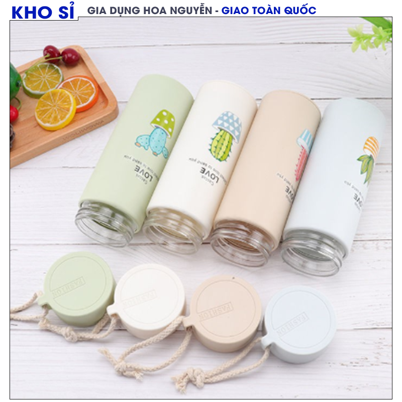 Glass Core Water Bottle with Cute Cactus Pattern, Capacity 400ml