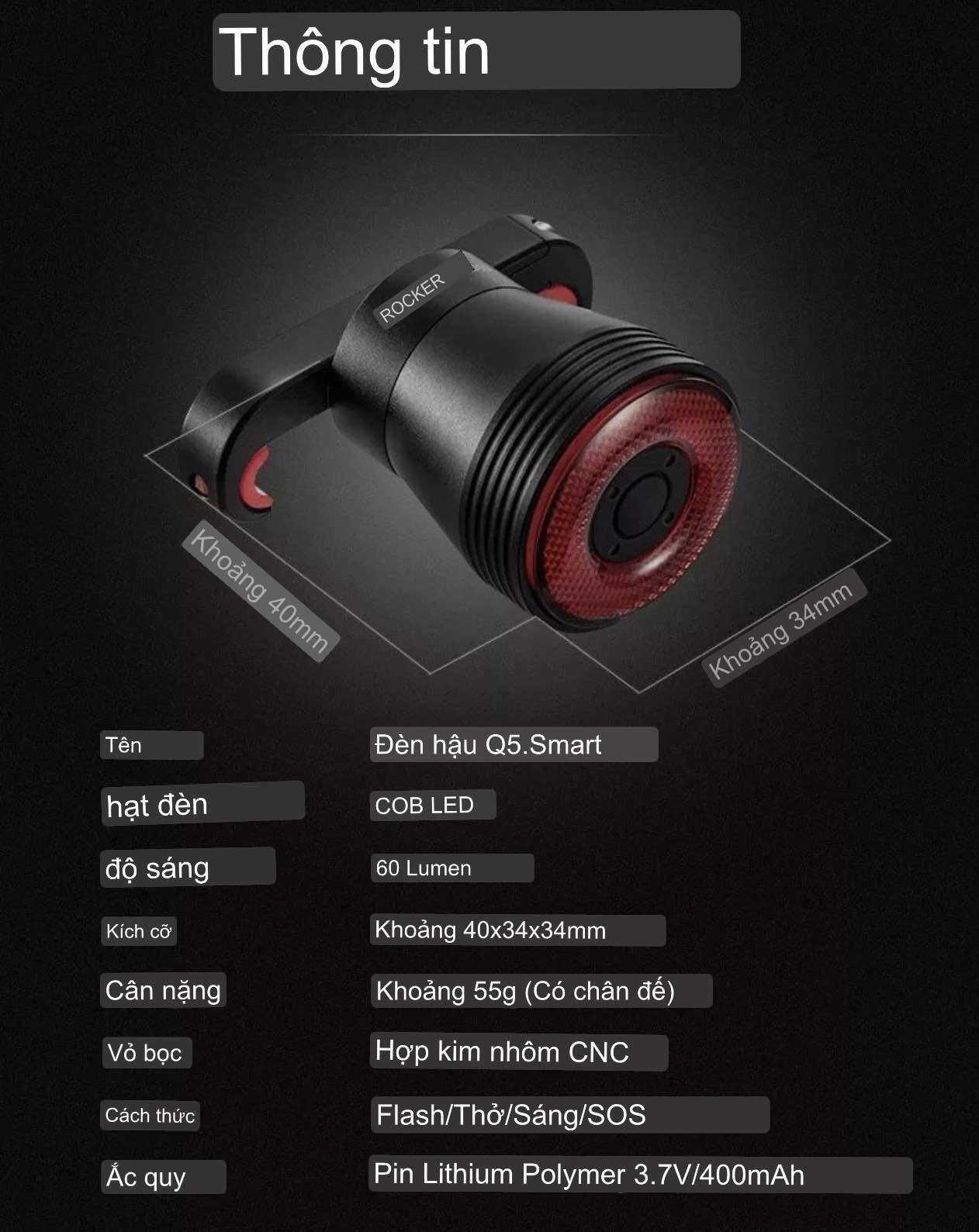 Rockbros Đèn LED Cảnh Báo Phía Sau Chống Thấm Nước IPx6 Q5 Dành Cho Xe Đạp