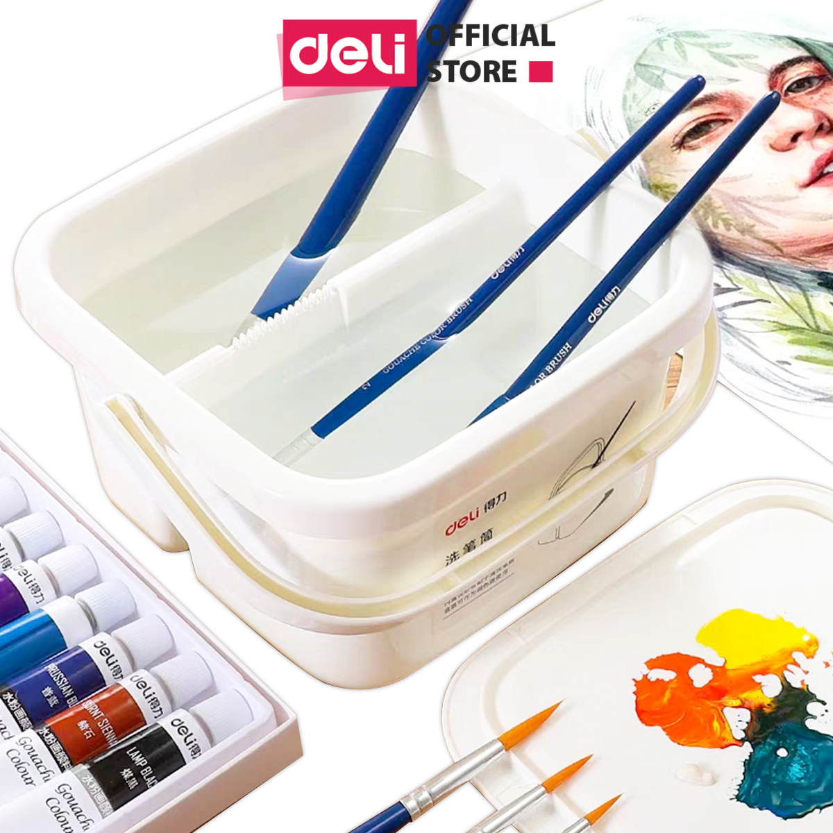 Xô rửa cọ vẽ nhựa 2 ngăn có nắp Deli  - 1 chiếc - họa cụ-  73874