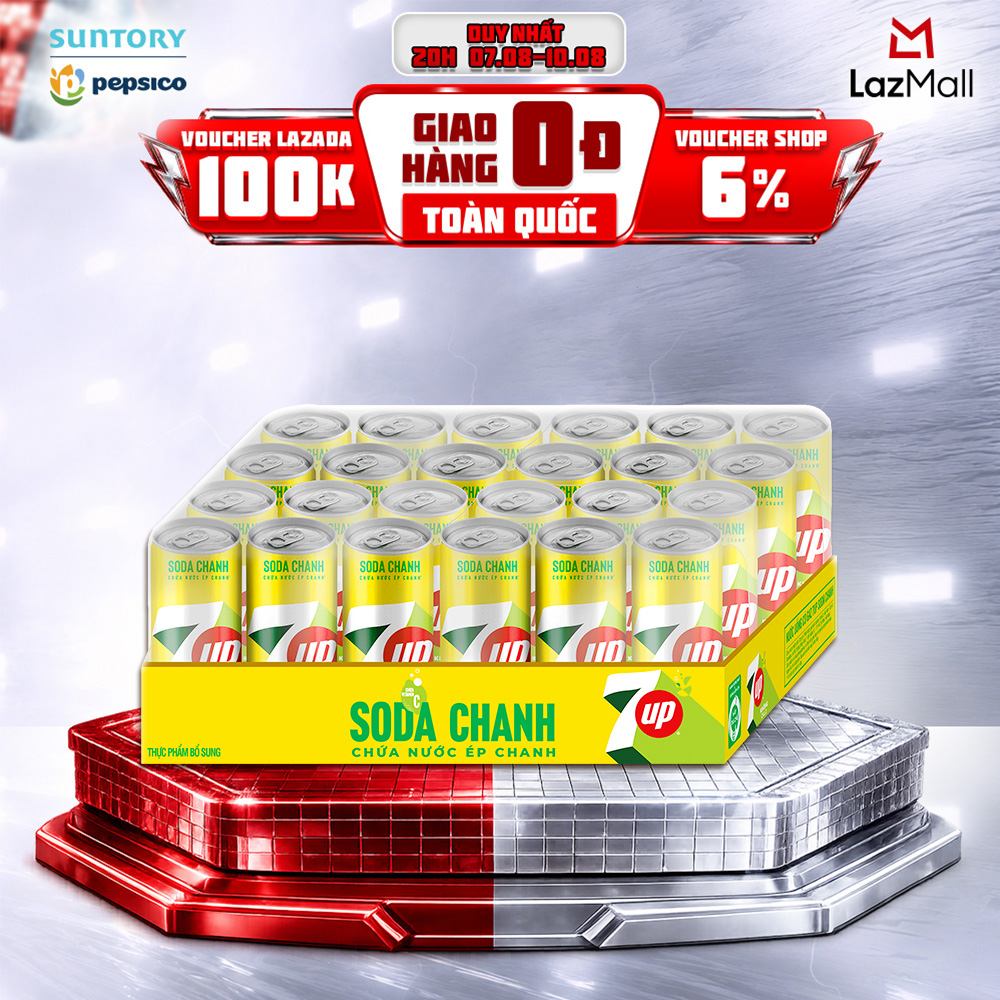 [SALE 8.8] Thùng Nước Uống Có Gaz 7UP Soda Chanh Không Calo, Không Đường (320ml/lon)