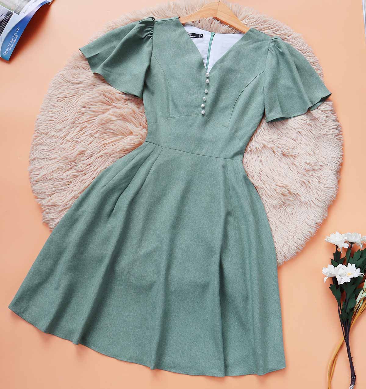 Đầm công sở xòe đẹp thiết kế cao cấp cổ v tay ngắn xanh rêu thời trang che bụng mỡ may 2 lớp - Thời trang Lux W