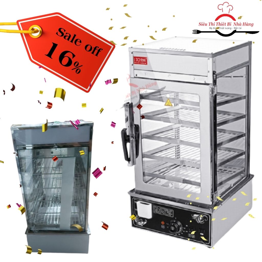 Tủ hấp bánh bao 5 tầng, 2 lớp kính