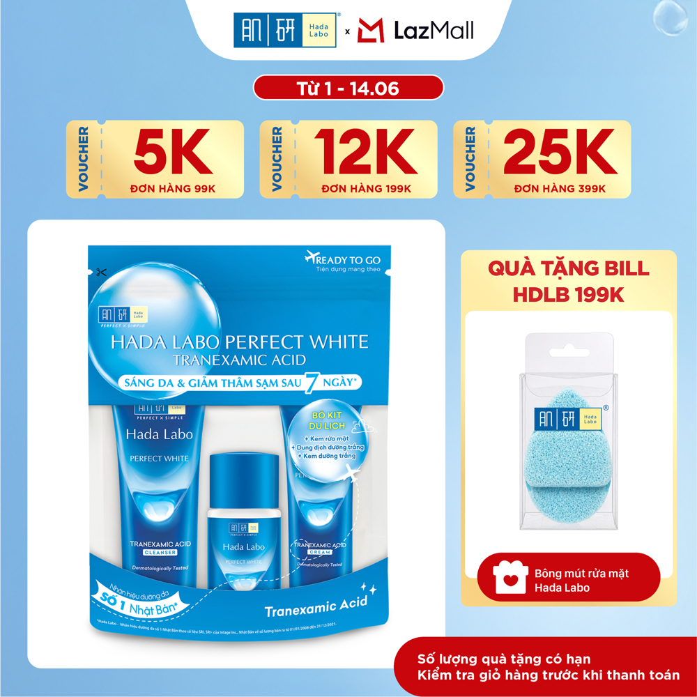 Bộ travel size dưỡng trắng Hada Labo Perfect White Tranexamic Acid Travel Set (Kem rửa mặt 15g+Dung dịch dưỡng 20ml+Kem dưỡng 12g)