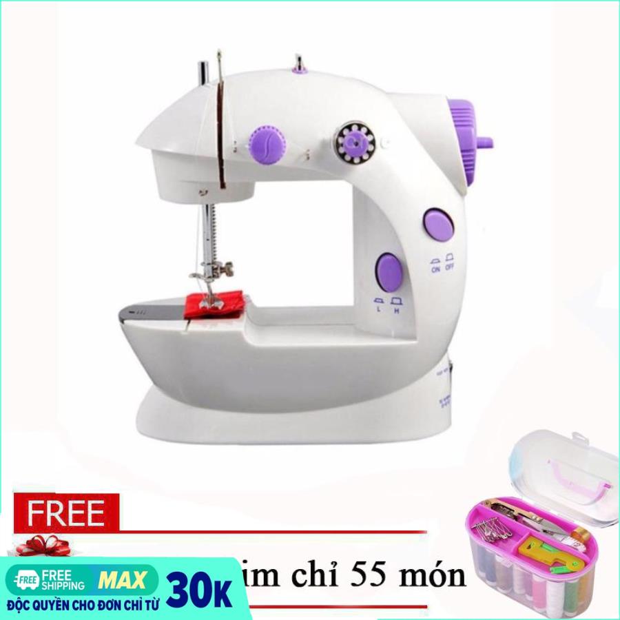 Máy may mini gia đình SM-202A tặng hộp kim chỉ cỡ lớn- Điều Chỉnh Độ Ngắn Mũi Chỉ- Máy May Đa Năng Có Vắt Sổ