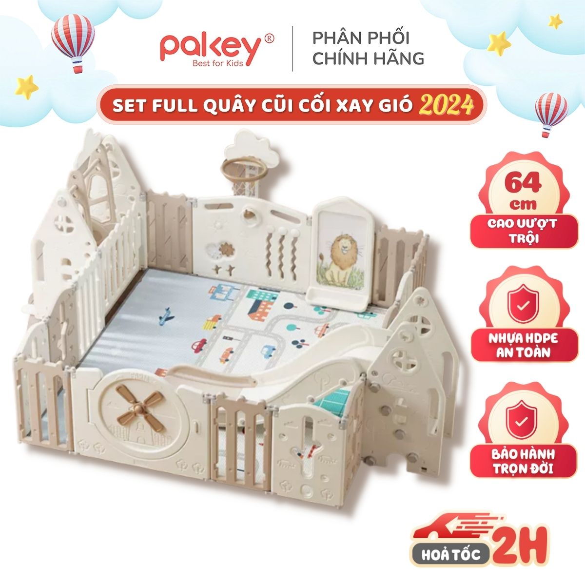 Quây cũi nhựa full set phong cách châu âu, quây cũi gấp gọn pakey cối xay gió 2024, bảo hành 1 năm