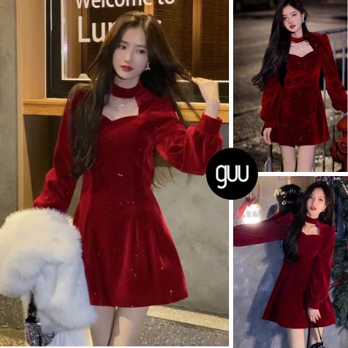 Váy dự tiệc GUU tay dài cổ chocker màu đỏ mận vải nhung mịn tiểu thư sang chảnh ulzzang