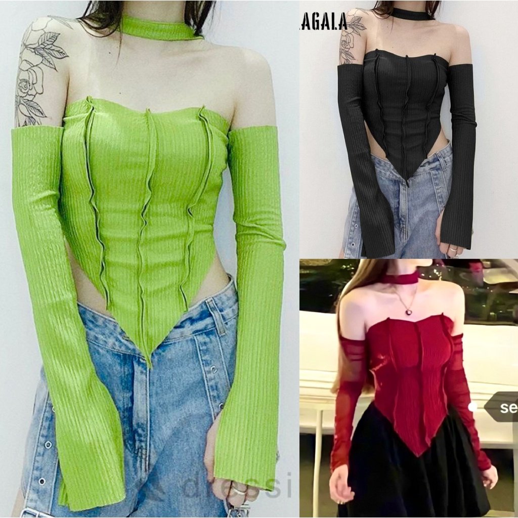 Áo Kiểu Nữ Dáng OM Dài Tay  thun croptop có dây cột rút