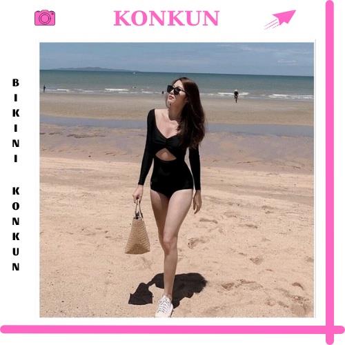 Bikini liền mảnh Đồ bơi nữ tay dài nhún ngực khoét lưng ngực sexy KONKUN MS81