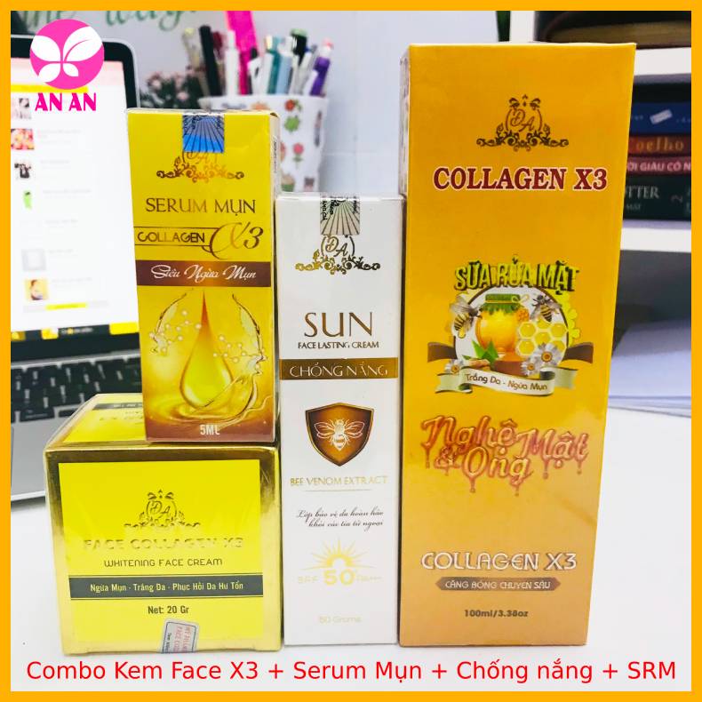 Combo Kem Face Collagen X3 + Serum mụn +Chống nắng + Sữa rửa mặt - Hàng chính hãng Đông Anh