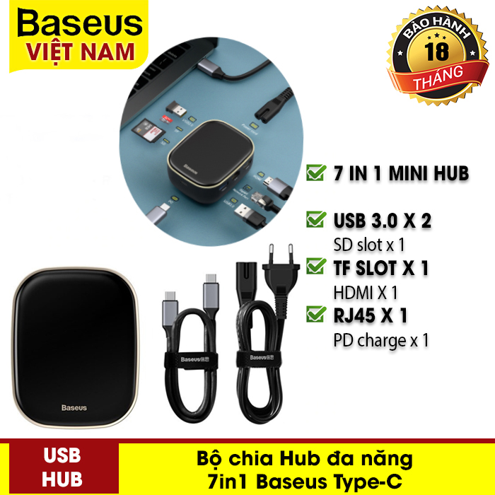 [BẢO HÀNH 12 THÁNG] Bộ chia Hub đa năng 7in1 Baseus Type-C Hub Adapter AC Multifunctional Charger: USB3.0*2 / HDMI / Type-C / RJ45 / Khe cắm thẻ SD/TF cho MacBook Pro Air