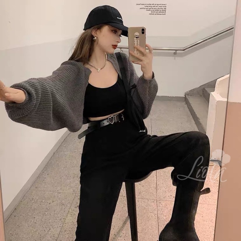 Áo khoác cadigan croptop len đan tay bồng dài LIOLA