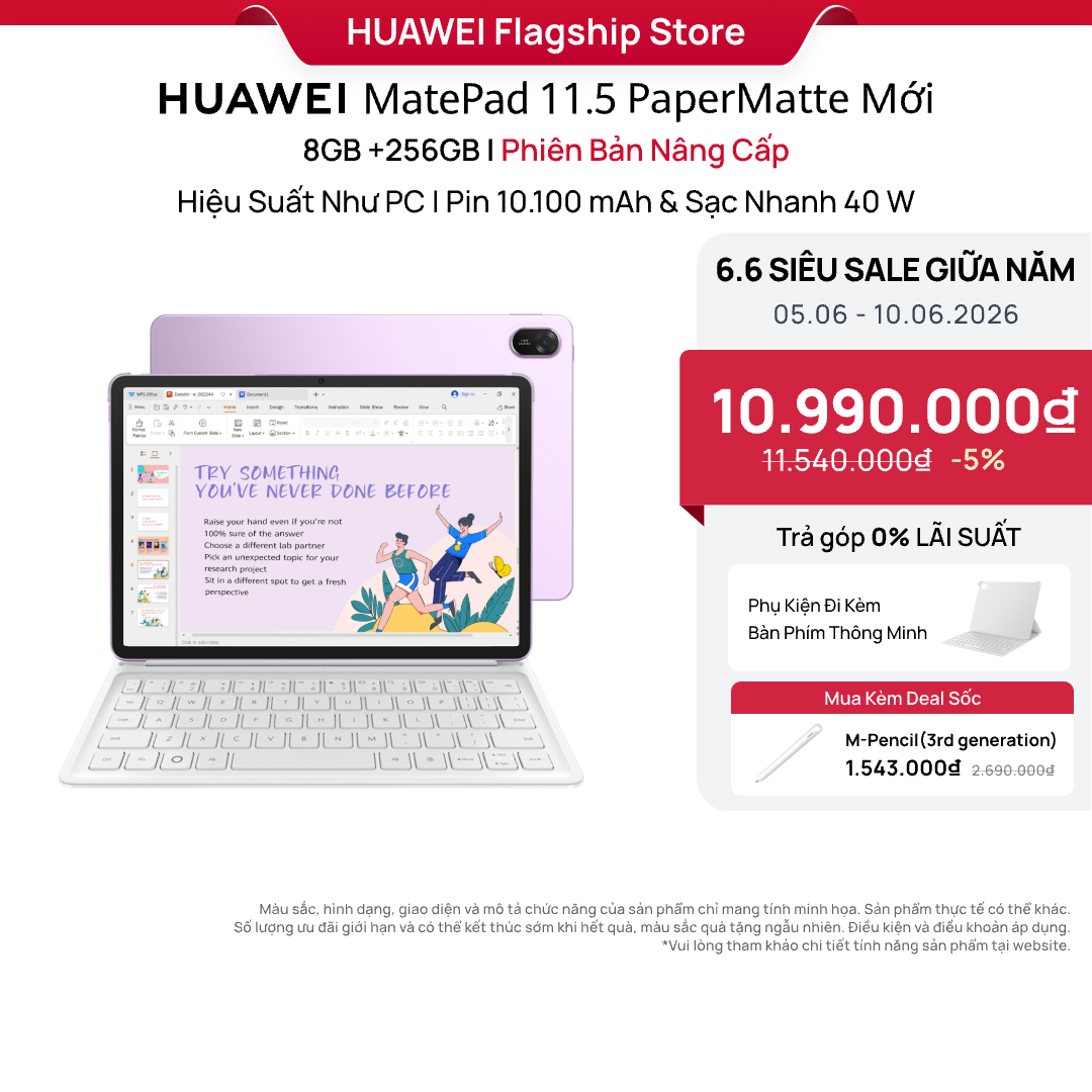[Add-on Deals] Máy Tính Bảng HUAWEI MatePad 11.5 PaperMatte Mới 8+256GB | Hiệu Suất Như PC | Pin 10.100 mAh | Sạc Nhanh 40W