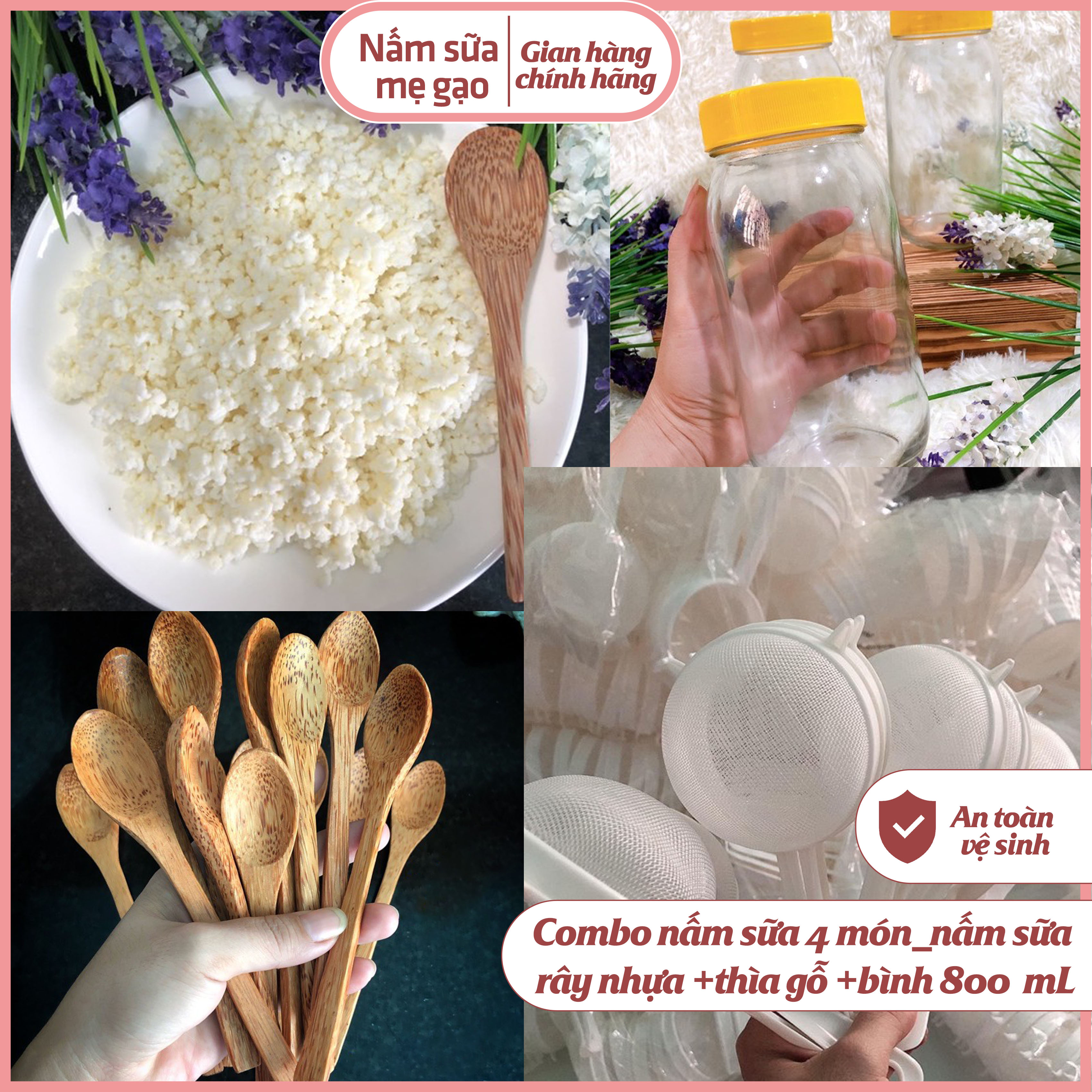Combo nấm sữa 4 món:nấm sữa +rây nhựa +thìa gỗ +bình 800 mL