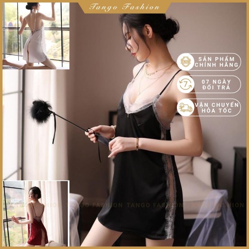 Váy ngủ sexy 2 dây lụa gợi cảm cao cấp - Đầm ngủ lụa phối ren xẻ hông quyến rủ, Đồ mặc nhà dễ thương