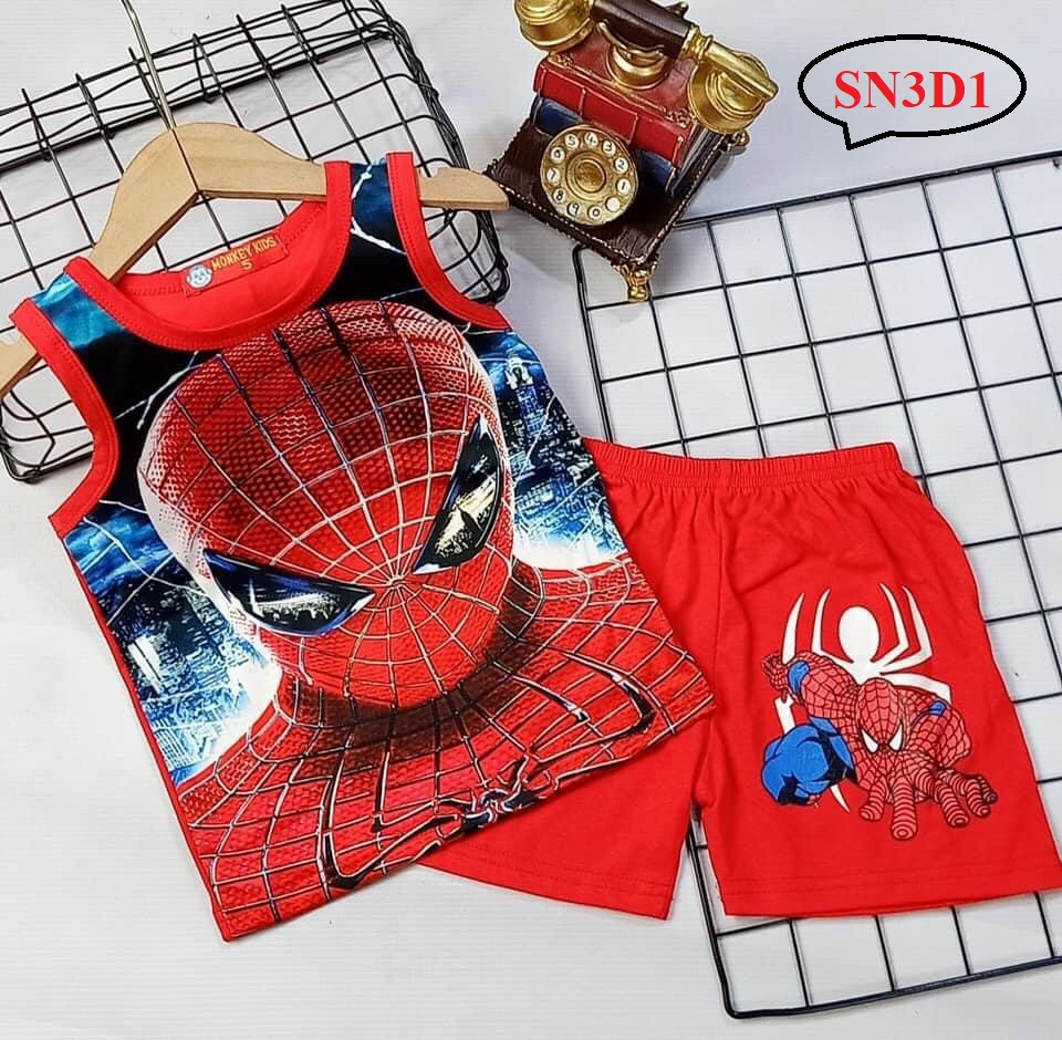 [Siêu ngầu] Bộ quần áo ba lỗ thun lạnh 3D họa tiết người nhện, siêu anh hùng cho bé 8-18kg