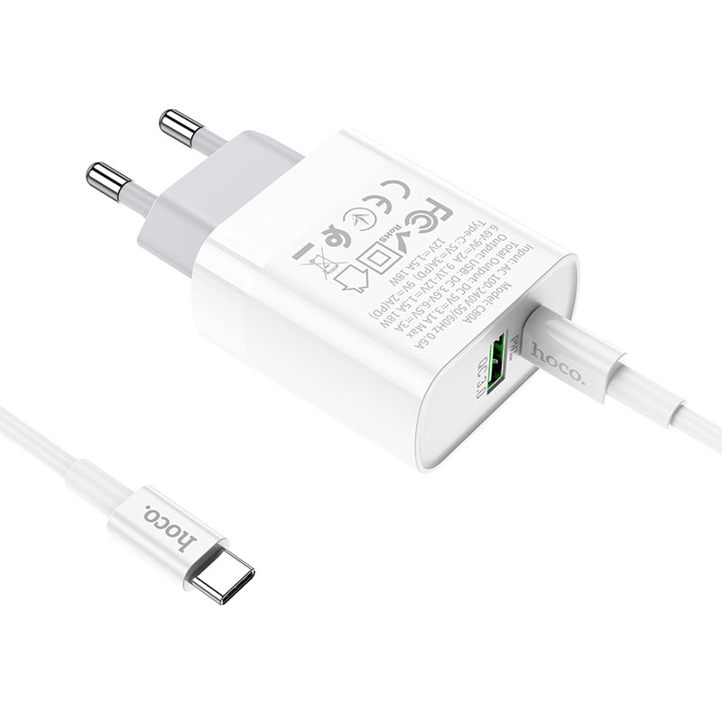 Bộ cốc sạc 2 cổng usb và pd kèm cáp sạc type-c to type-c hoco c80a qc3.0 và pd18w