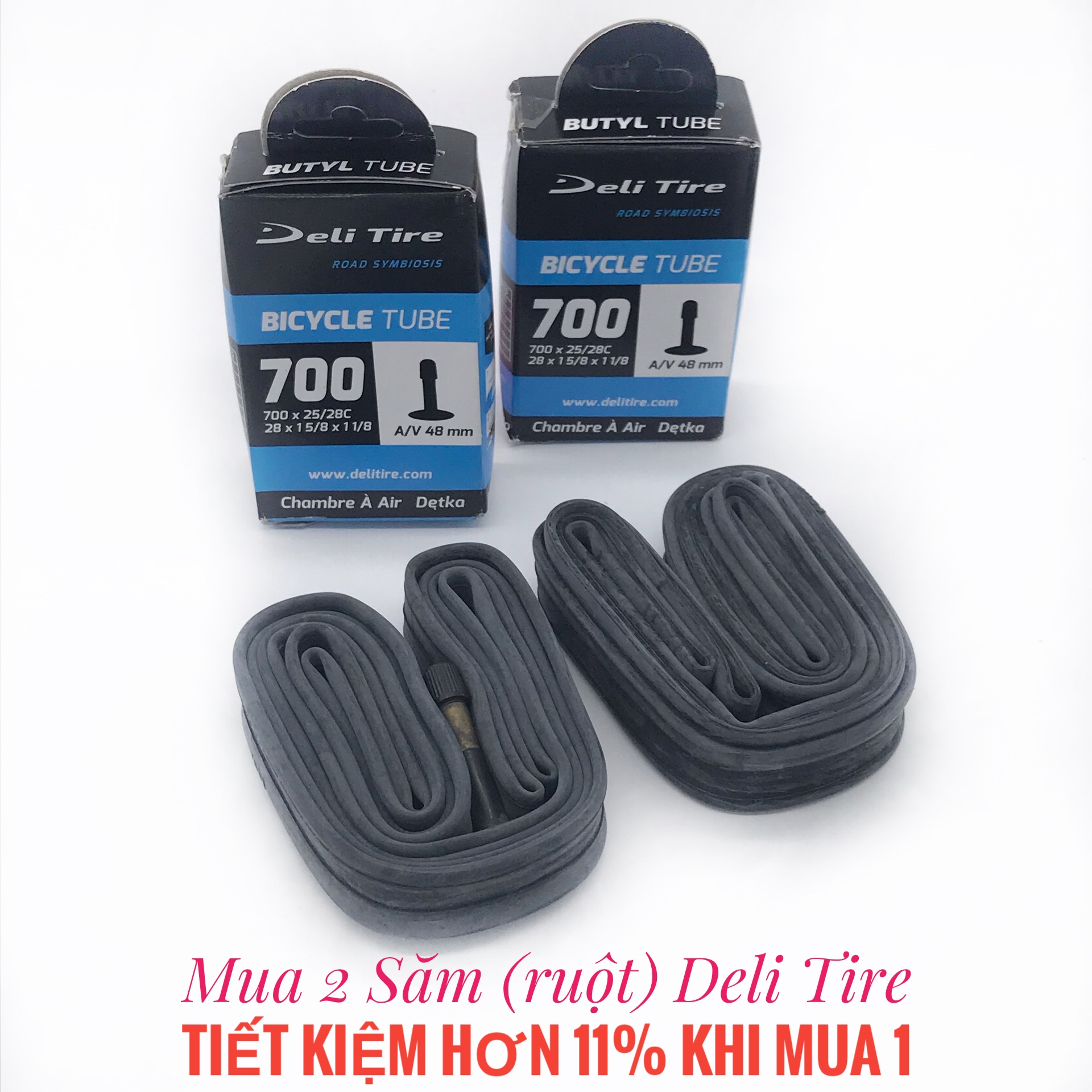 Bộ 2 Săm ruột xe đạp thể thao Deli Tire 700X25/28C (23-622) đầu vòi 48mm, dành cho xe đạp đường trường, xe leo núi, sản xuất tại Indonesia