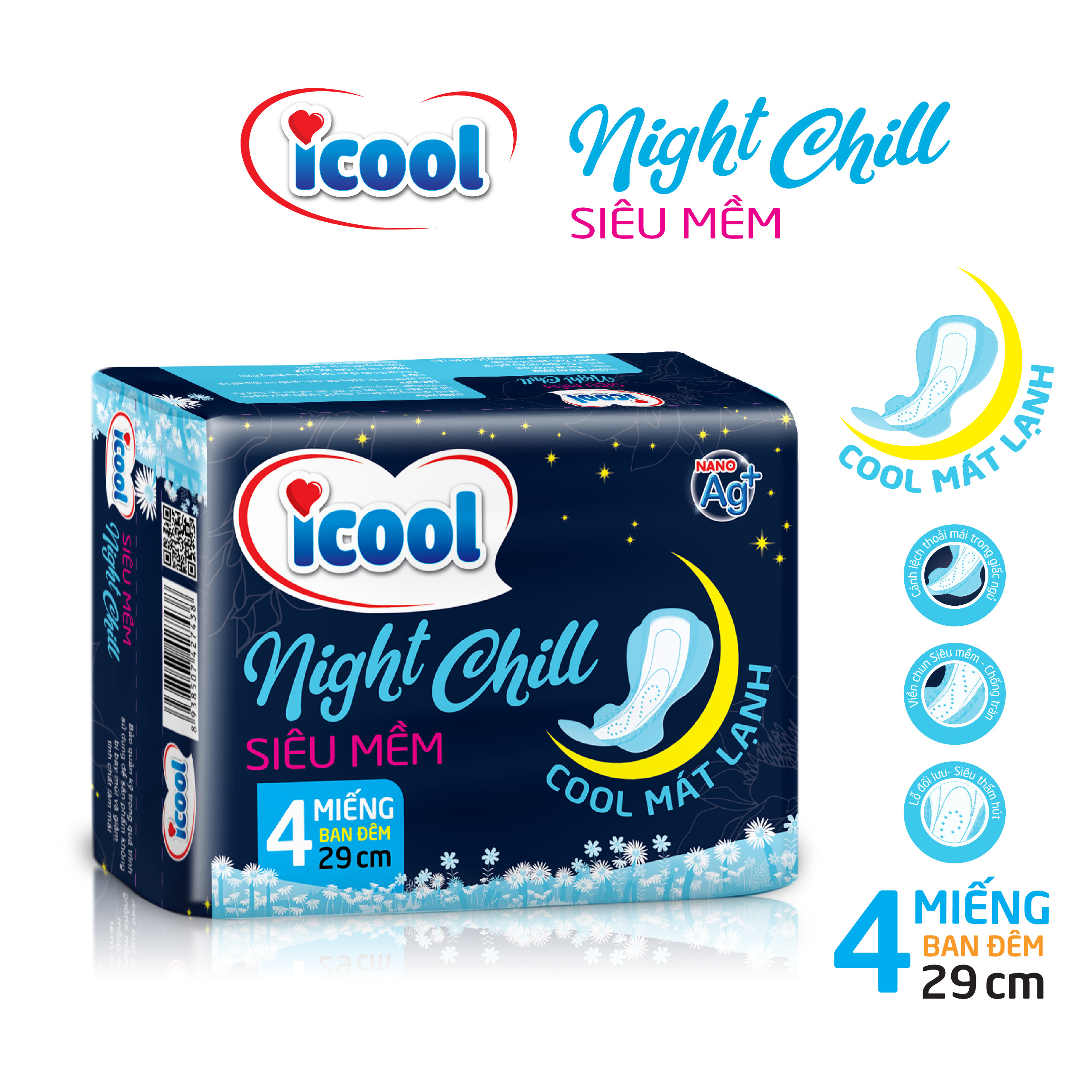 Combo 2 gói Băng vệ sinh ICOOL NIGHT CHILL, BVS ban đêm 29cm, có cánh, MẶT VẢI mềm mại,  mát lạnh.