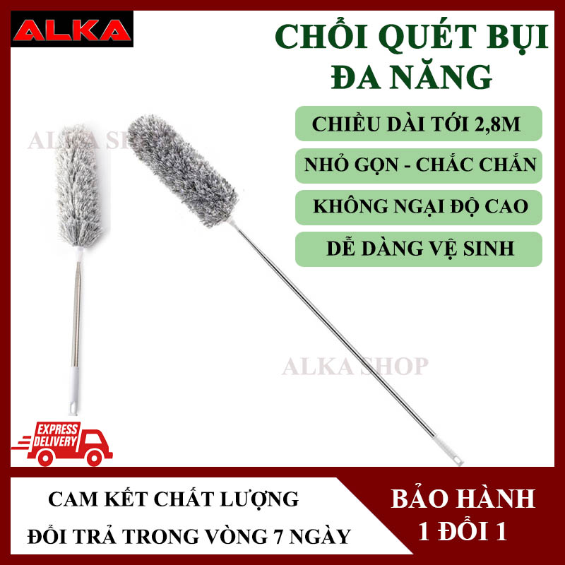 Chổi quét bụi đa năng chổi quét mạng nhện chổi phất trần làm sạch bụi bẩn trên cao tay cầm cán inox có thể kéo dài 2.8m.