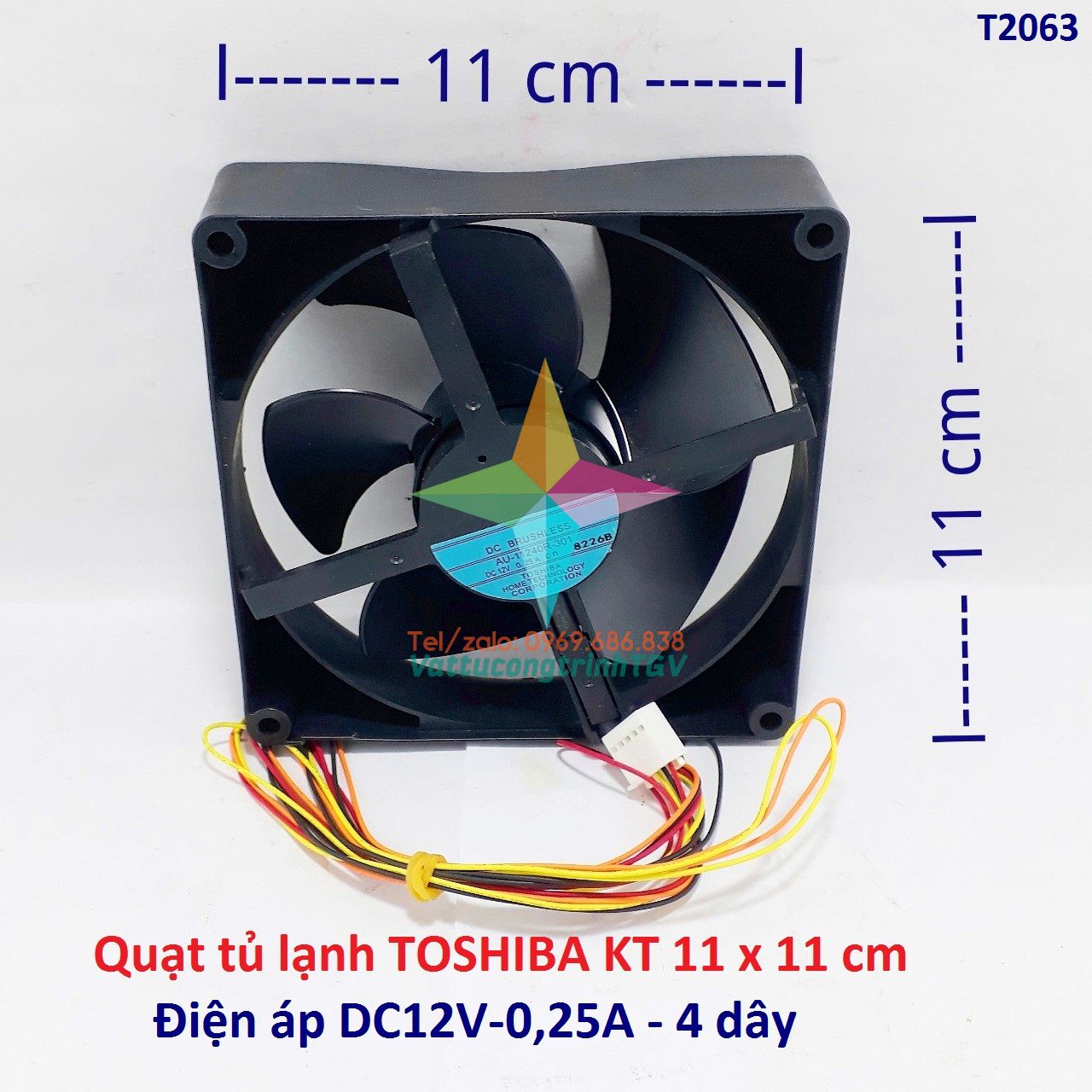Quạt tủ lạnh toshiba hãng kt 11cmx11cm-12vdc-0.25a-4 dây